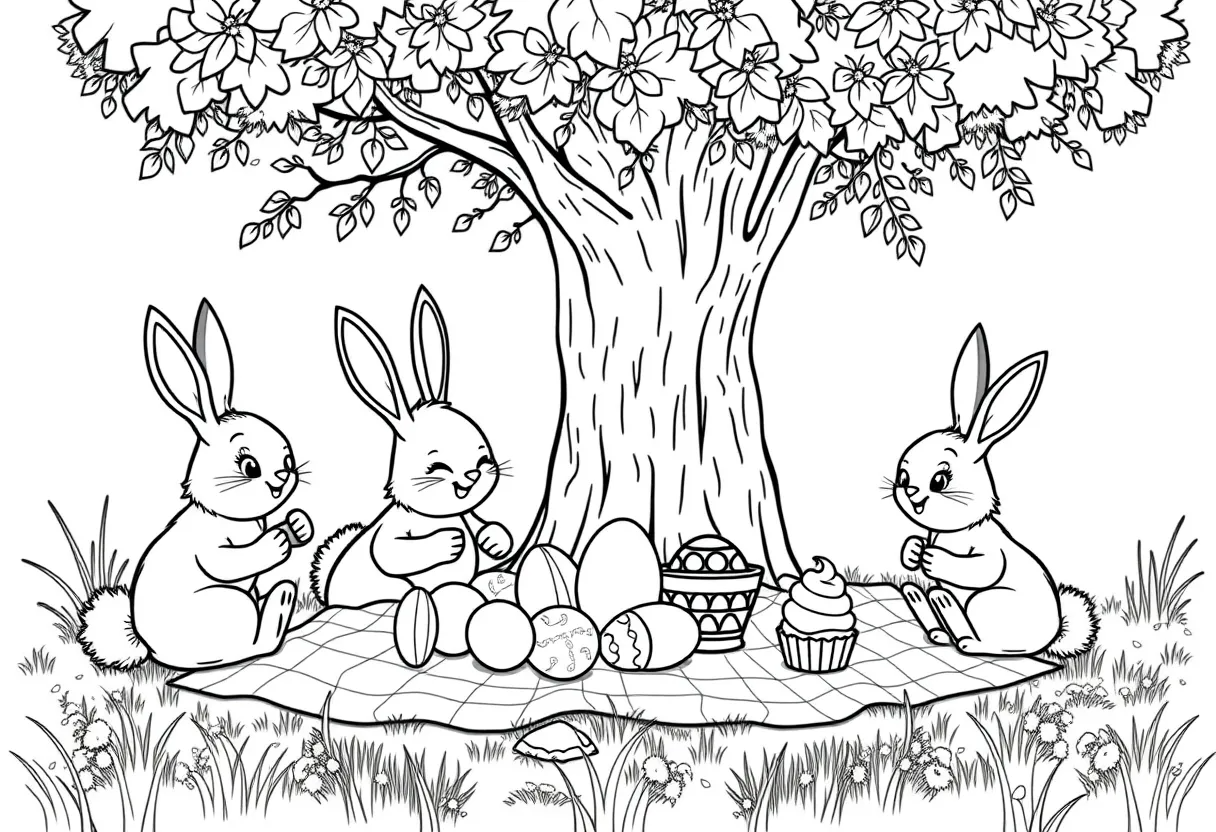 A bunny family having a picnic under a tree with Easter eggs, jellybeans, and cupcakes.