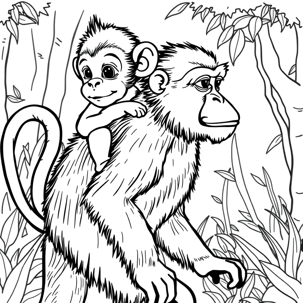 Baby Monkey Riding on Mommy Monkey’s Back