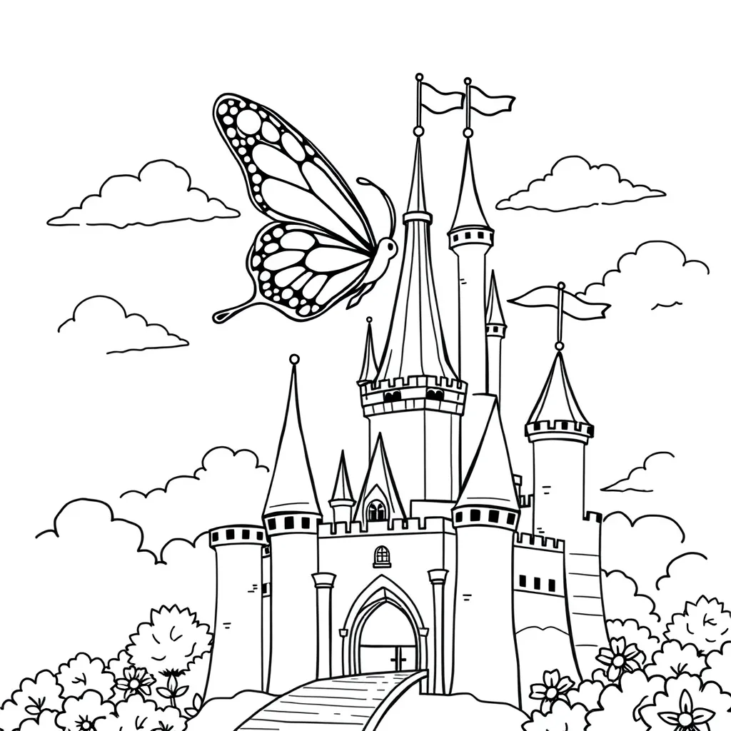 Butterfly Flying Over a Castle