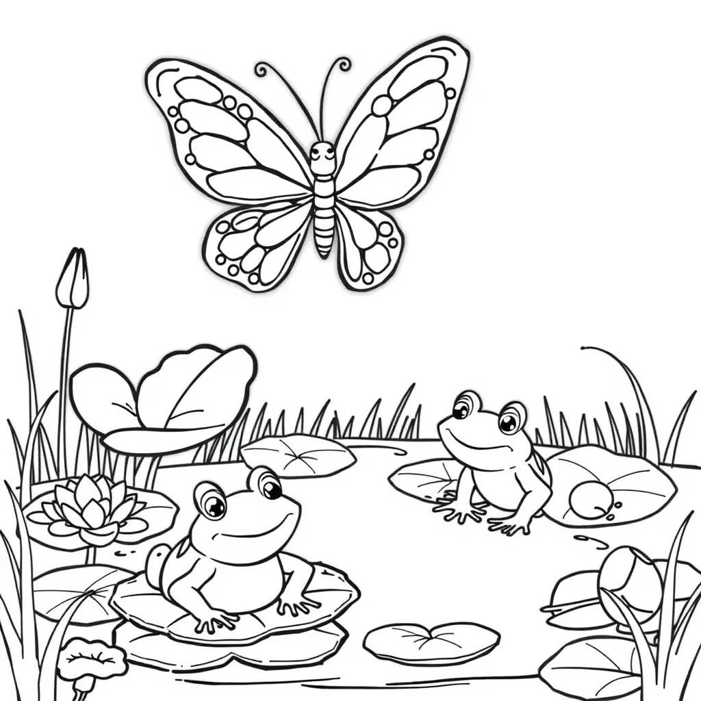 Butterfly Flying Over a Pond with Frogs