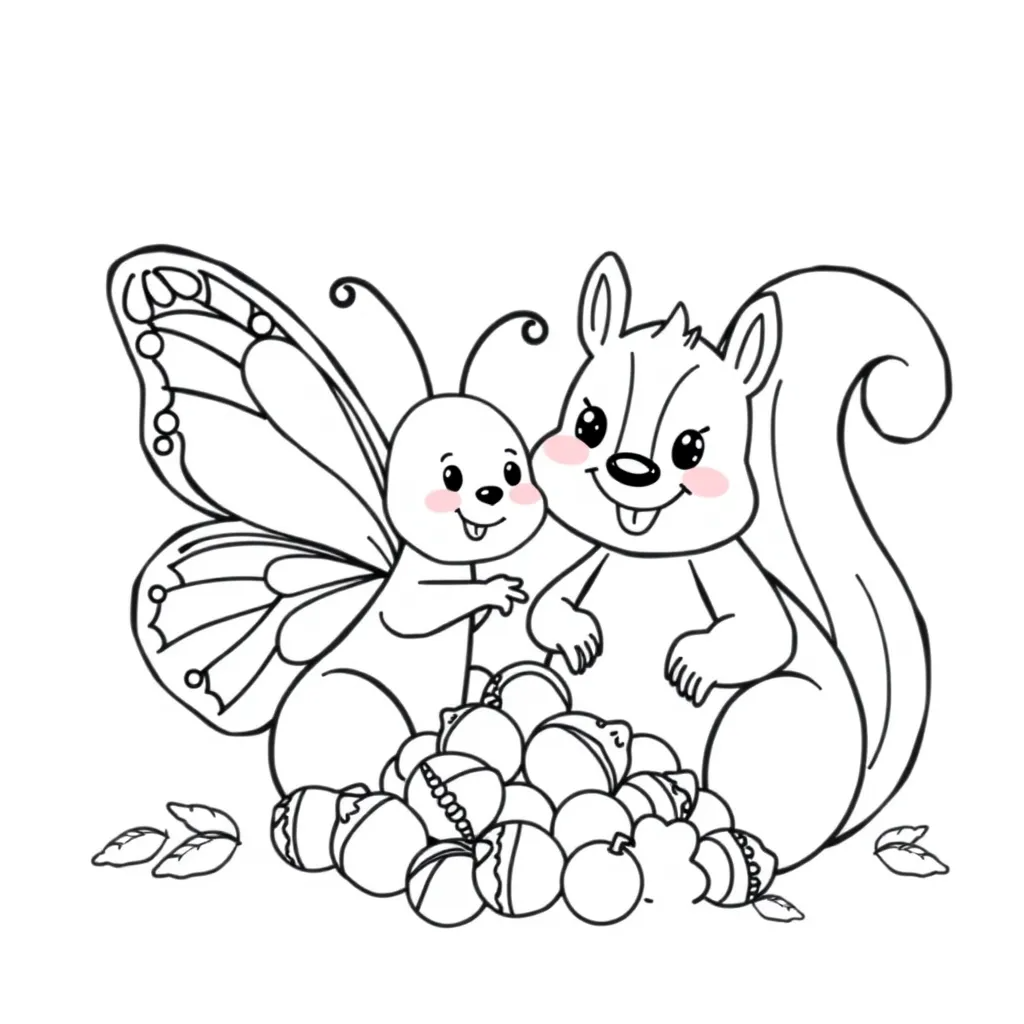 Butterfly and Squirrel Sharing Acorns