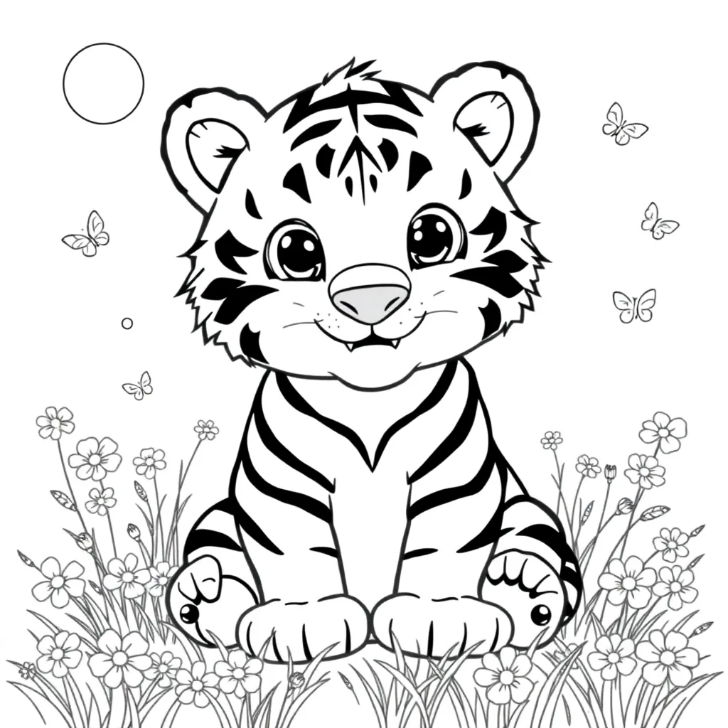 Cute Baby Tiger Sitting in a Meadow