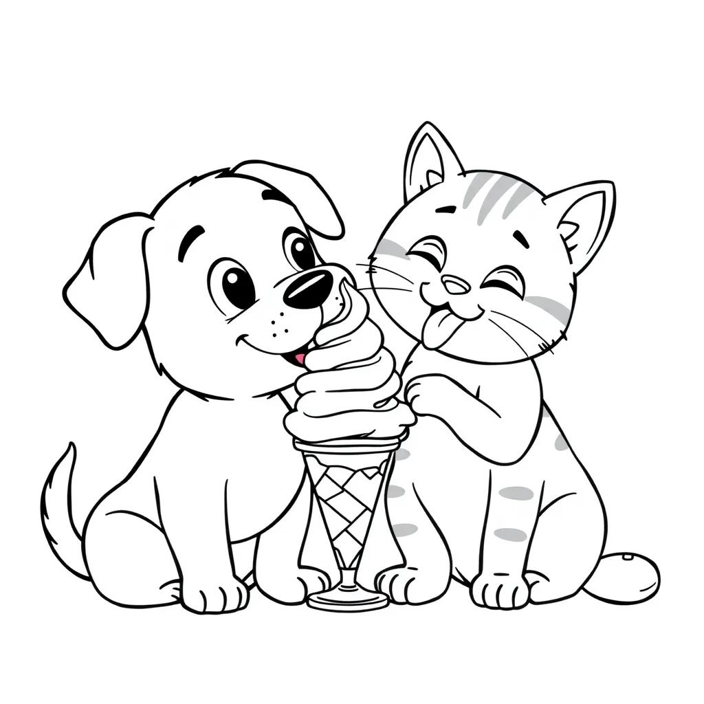 Dog and Cat Sharing Ice Cream