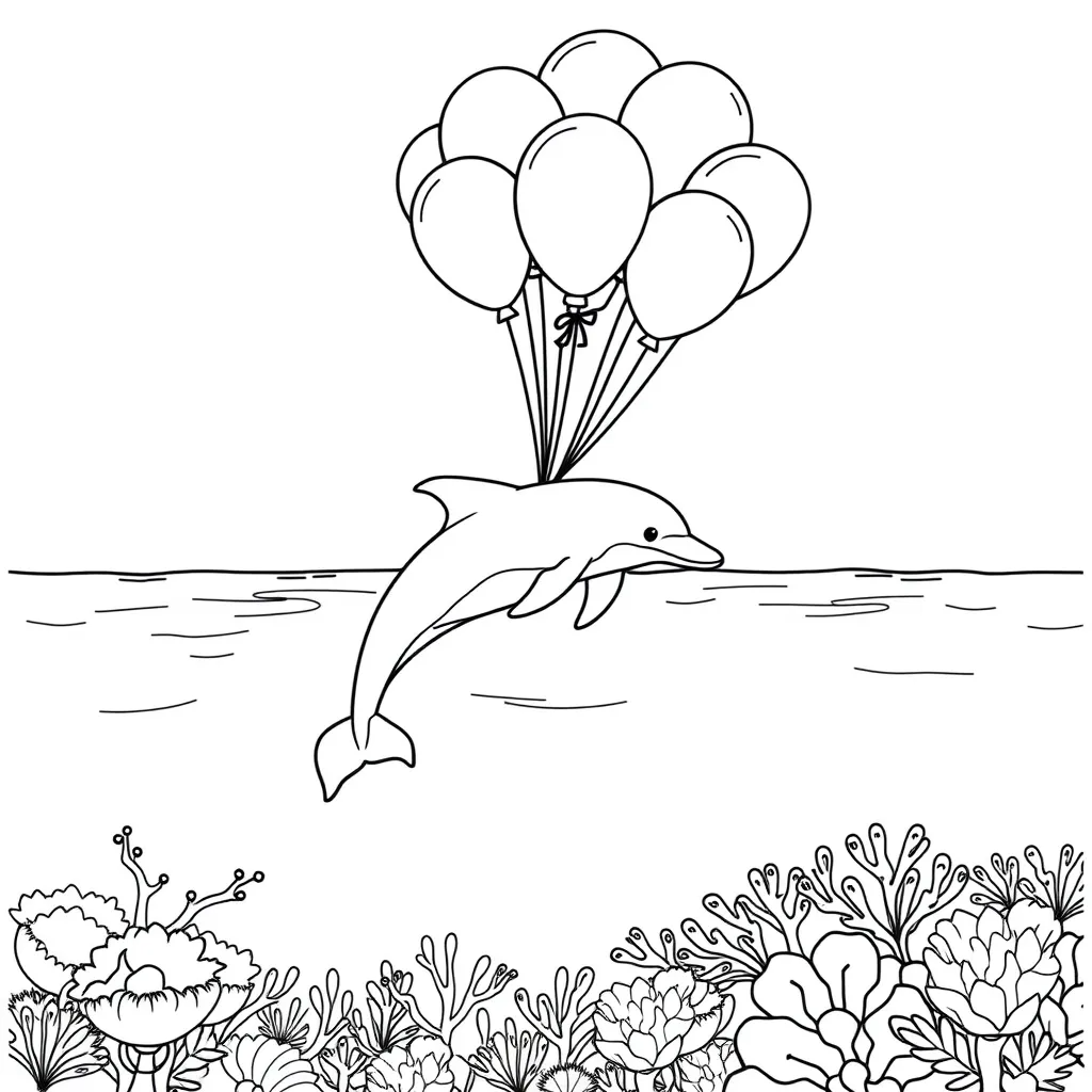 Dolphin Flying with Balloons Above the Sea