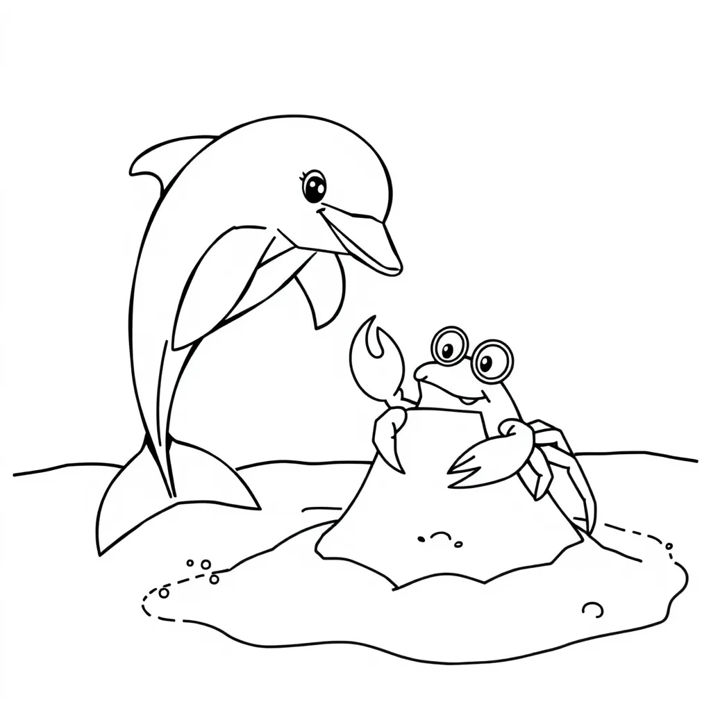 Dolphin and Crab Building a Sandcastle