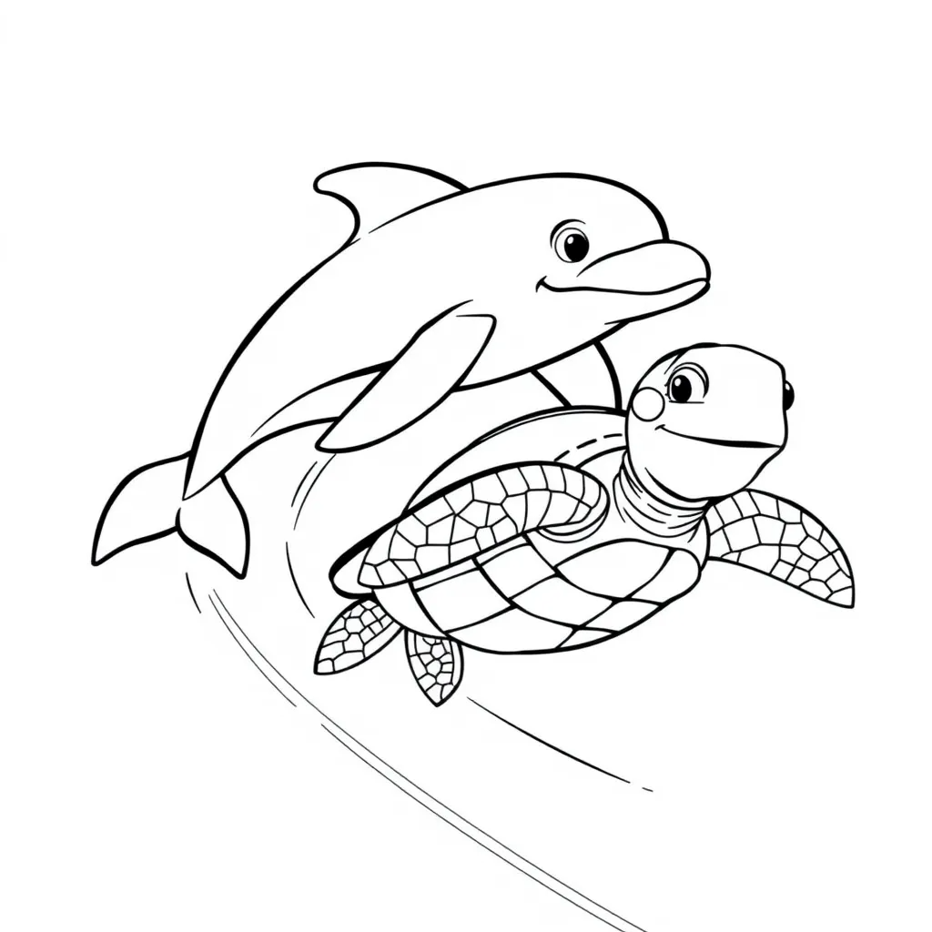 Dolphin and Turtle Racing in the Ocean