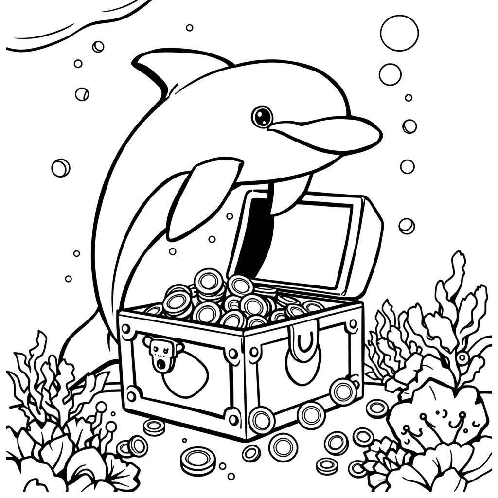 Dolphin with a Treasure Chest Underwater