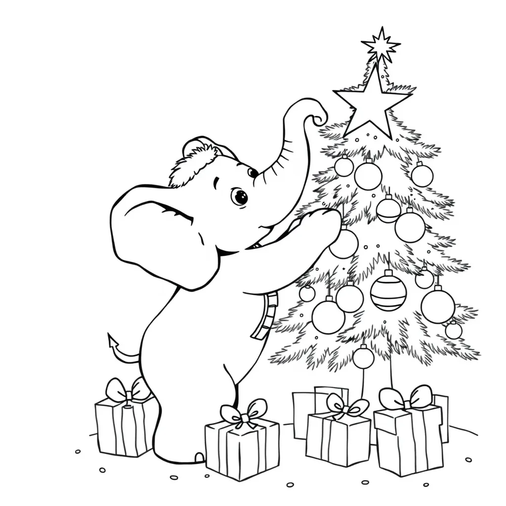 Elephant Decorating a Christmas Tree