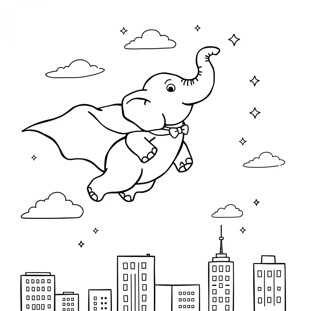 Elephant Dressed as a Superhero Flying Over the City