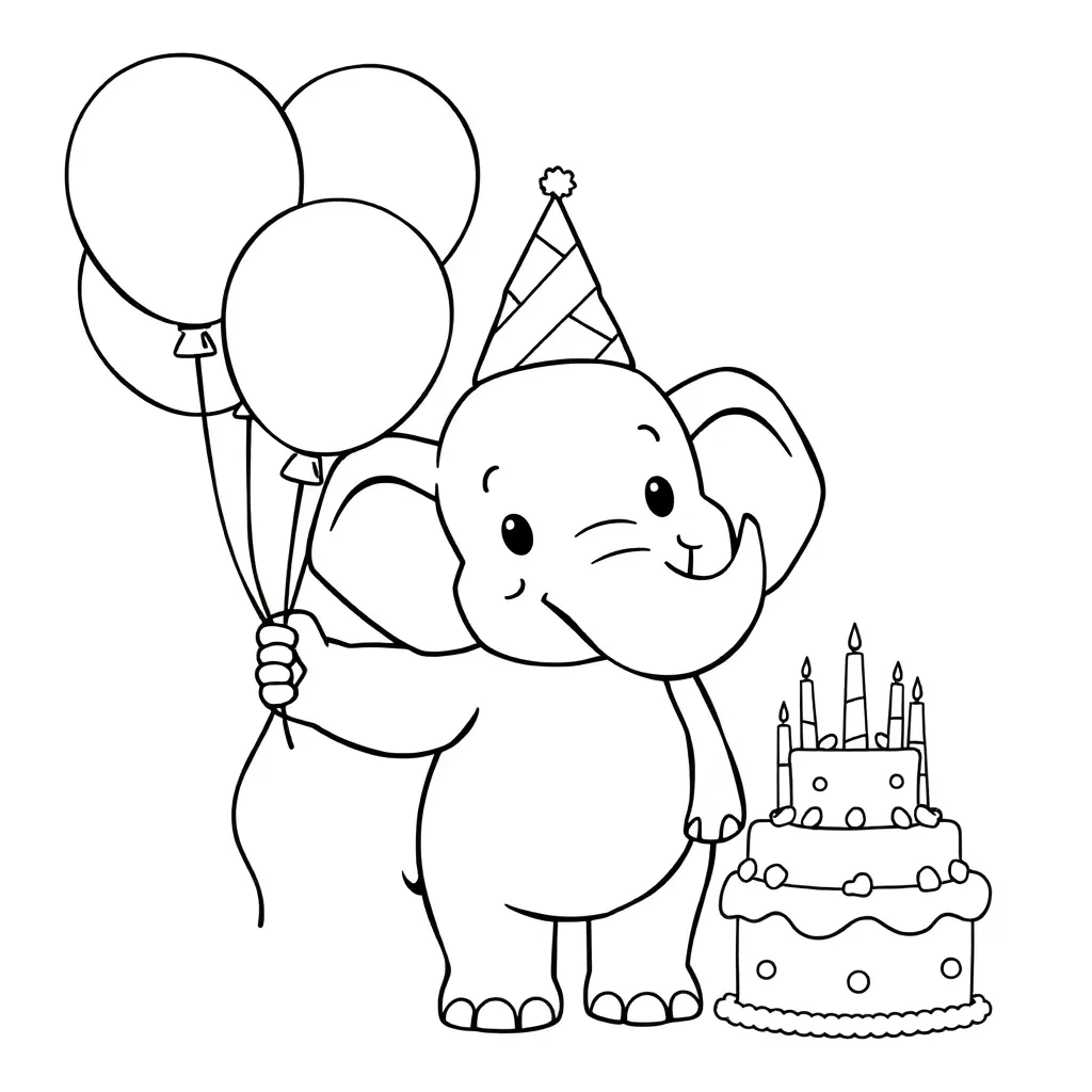 Elephant Holding Balloons at a Birthday Party