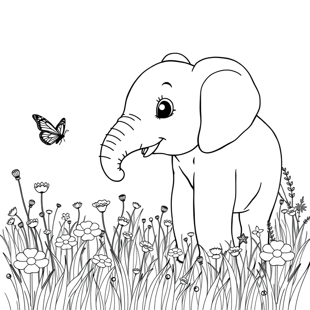 Elephant Playing with a Butterfly in a Meadow