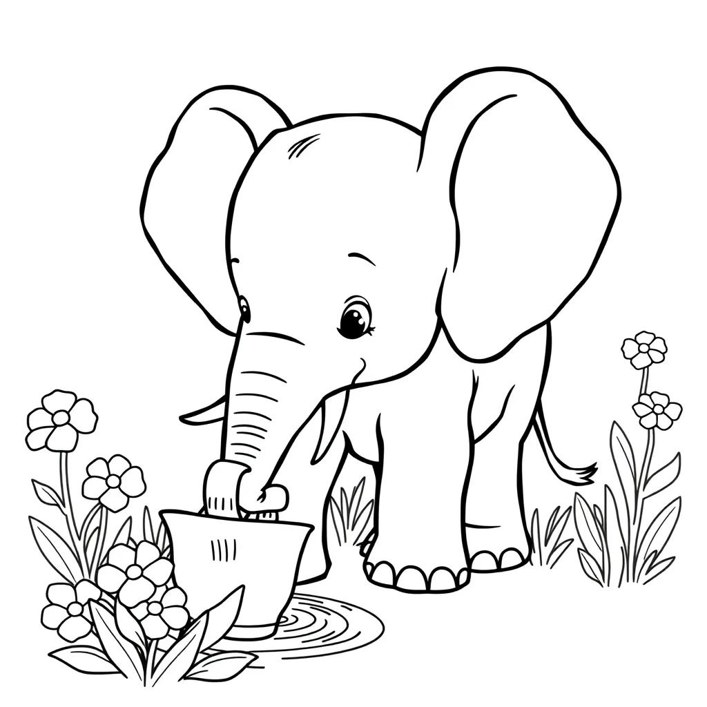 Elephant Watering Flowers with Its Trunk