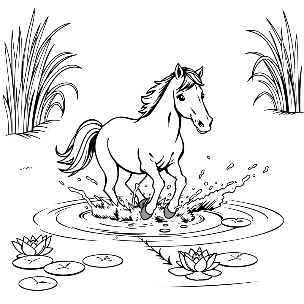 Horse Splashing in a Pond