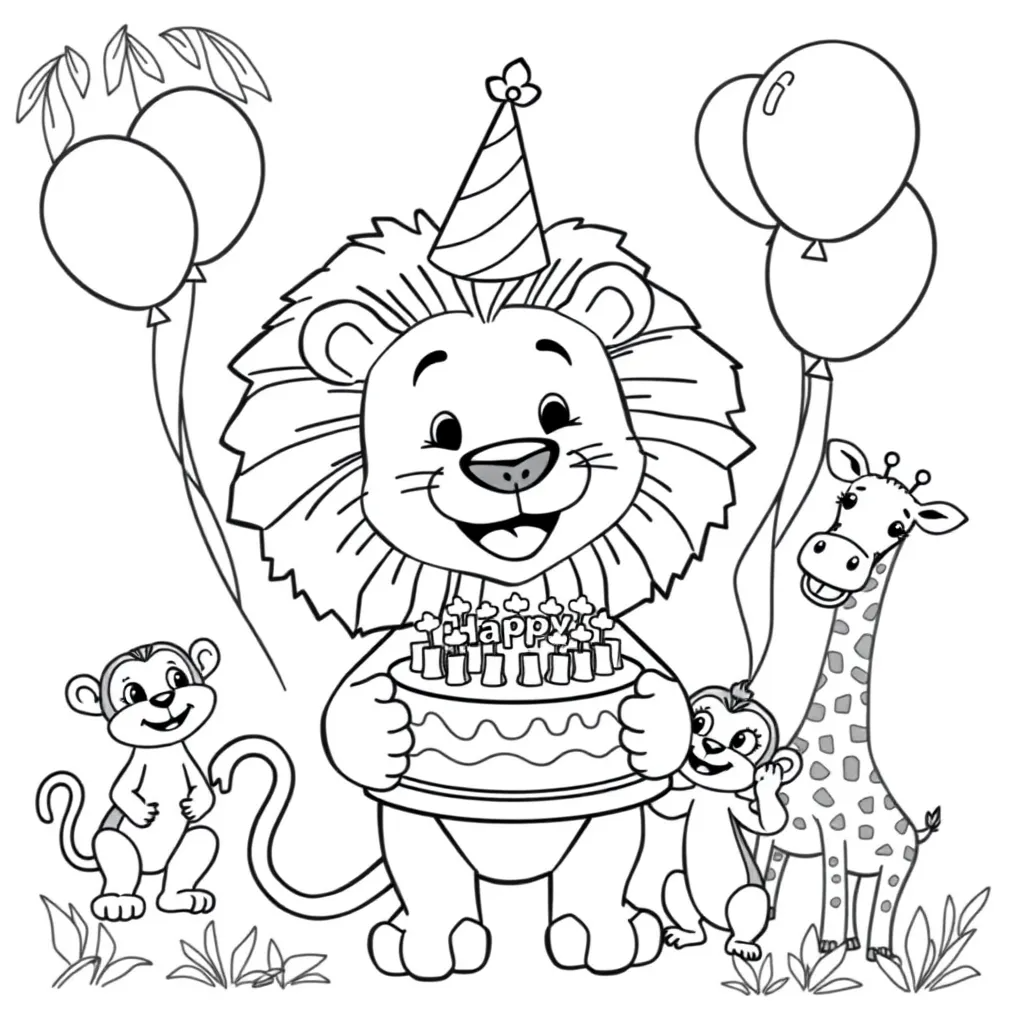 Lion Holding a Birthday Cake with Jungle Friends