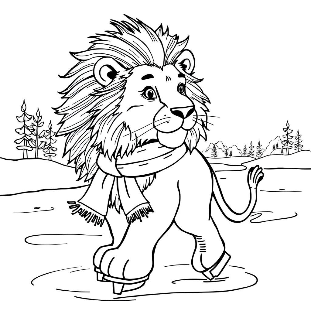 Lion Ice Skating on a Frozen Lake with a Scarf