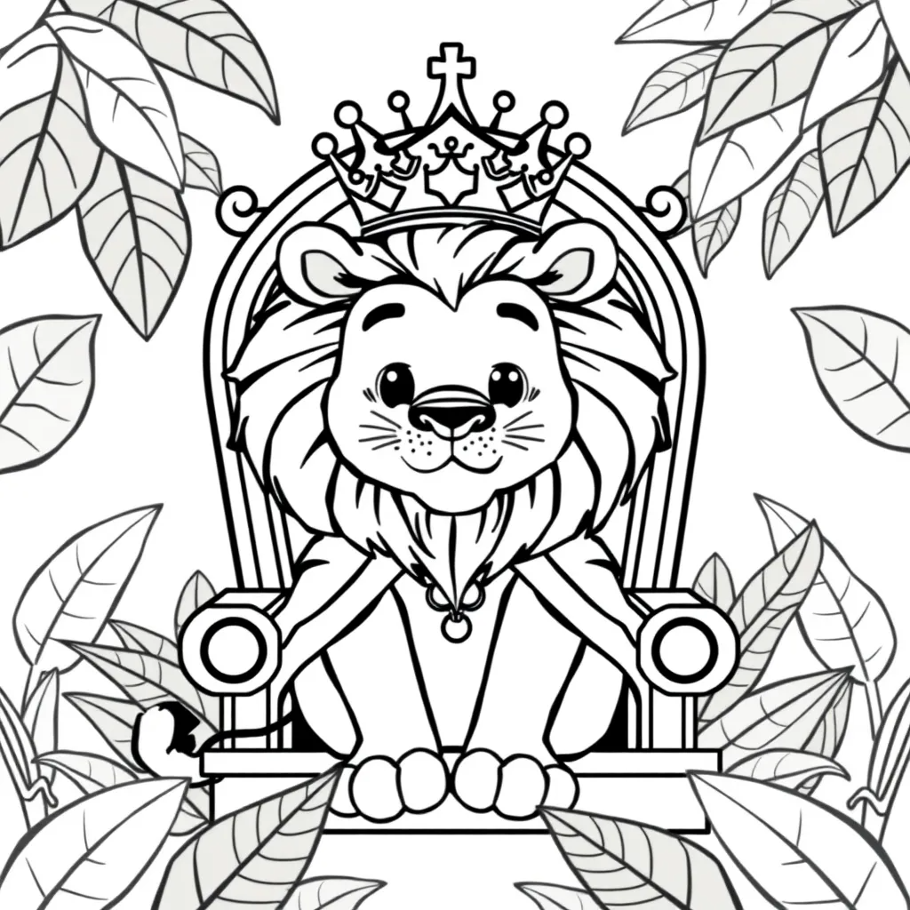 Lion King Wearing a Crown and Sitting on a Throne