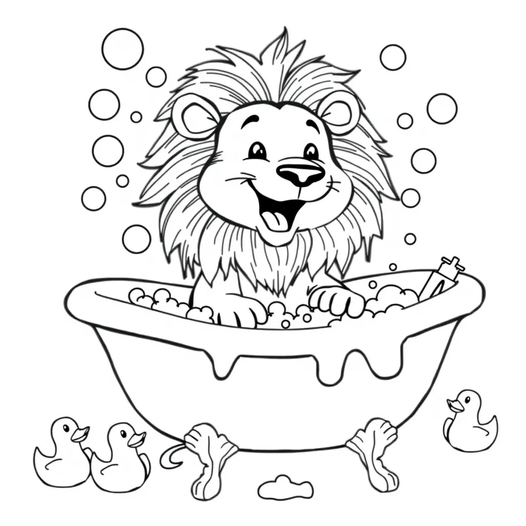 Lion Playing with Bubbles in a Bathtub