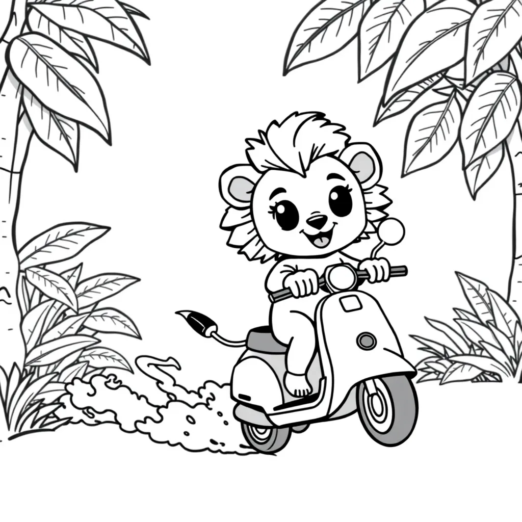 Lion Riding a Scooter Down a Jungle Trail