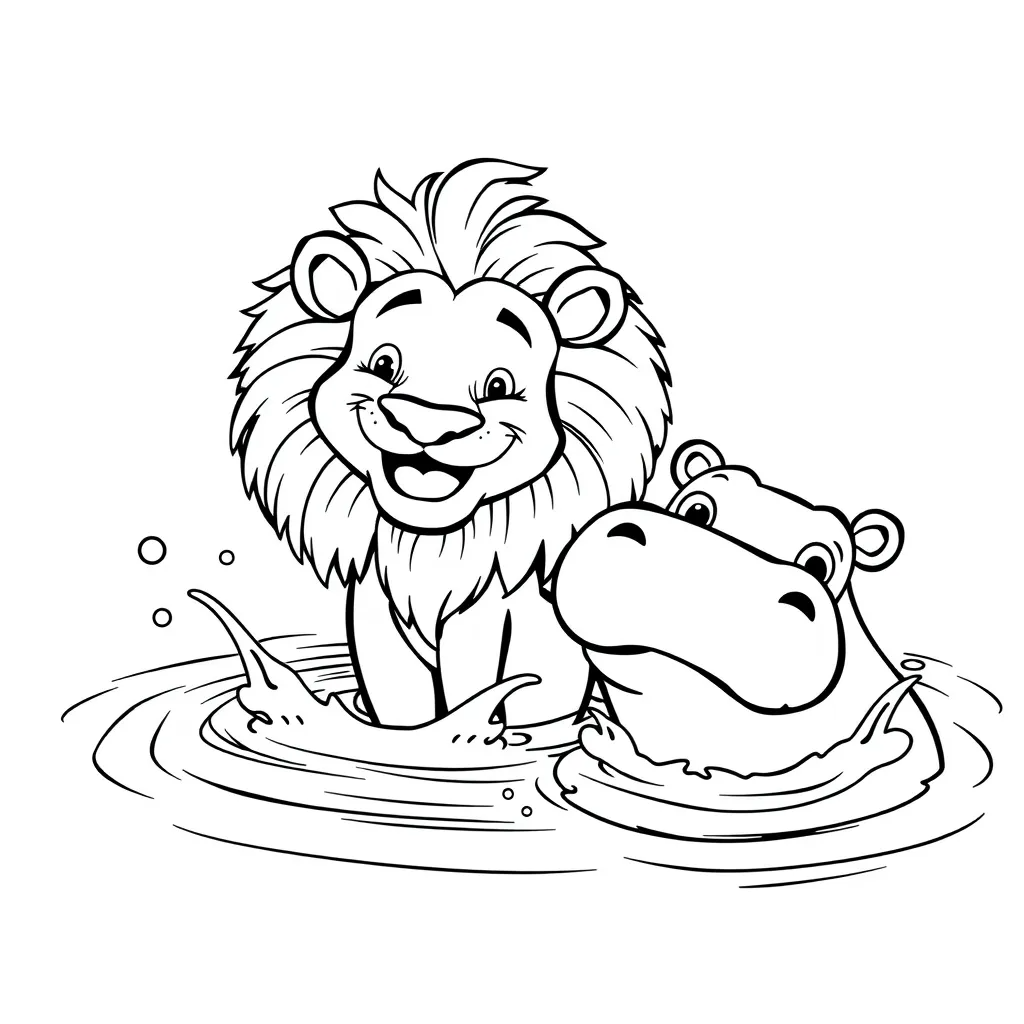Lion Splashing in a Waterhole with Hippo