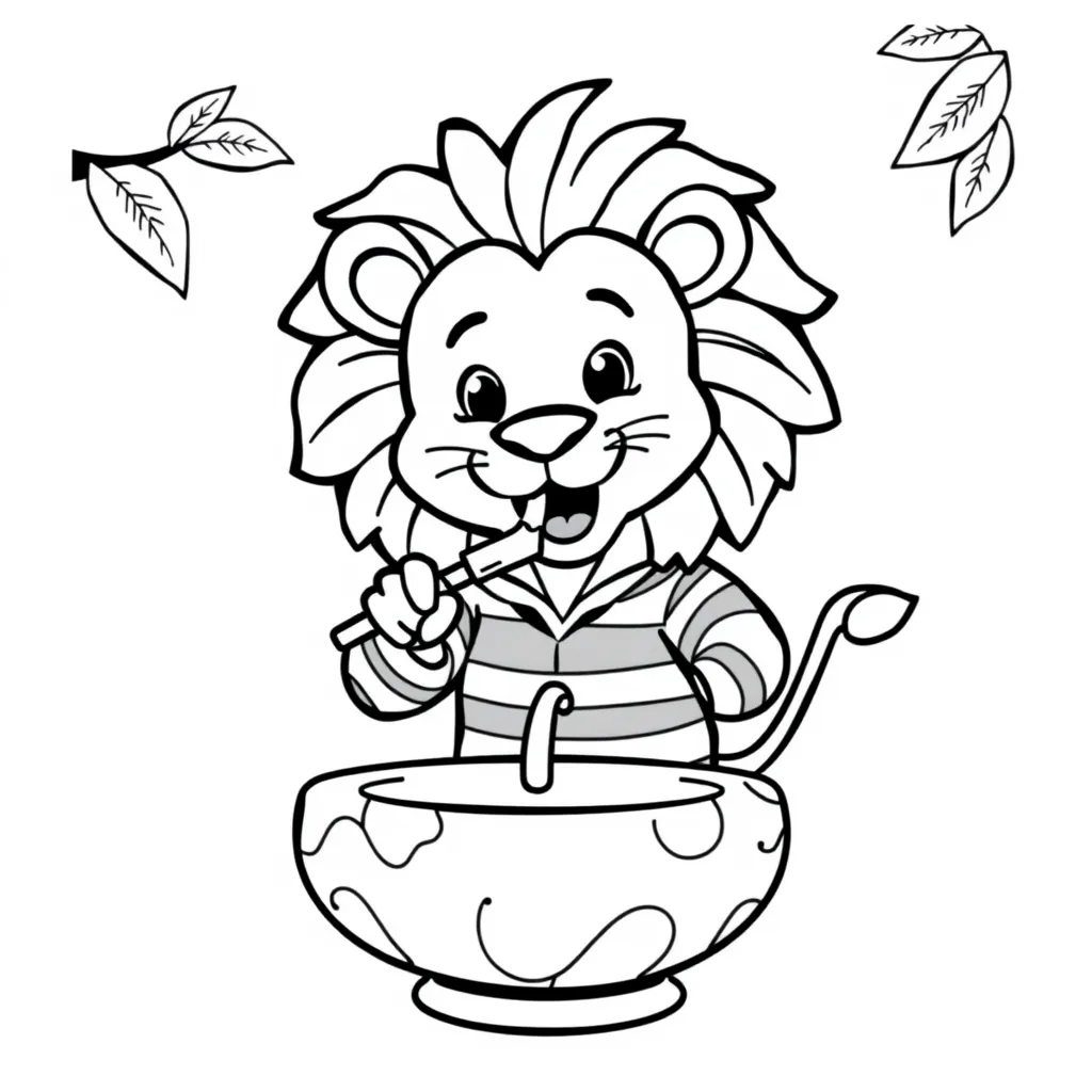 Lion Wearing Pajamas and Brushing Teeth