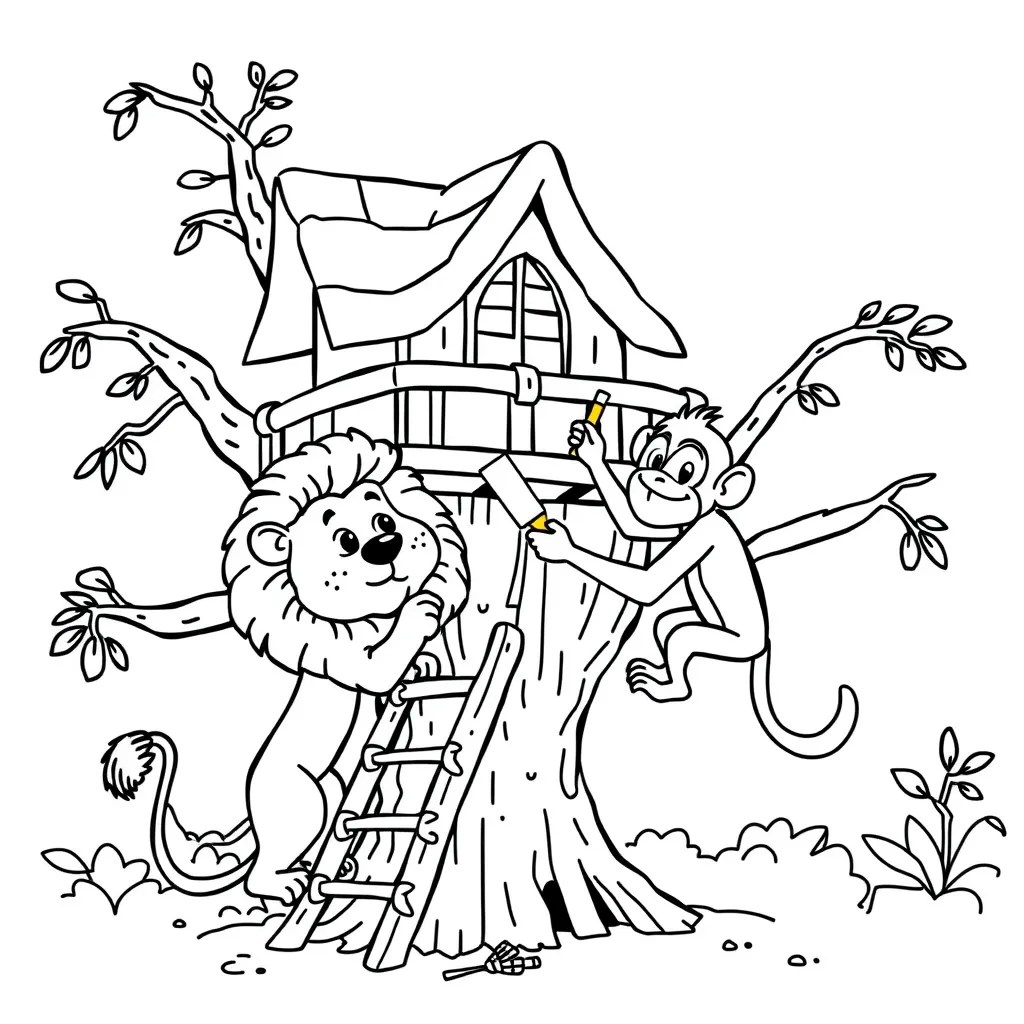 Lion and Monkey Building a Treehouse Together