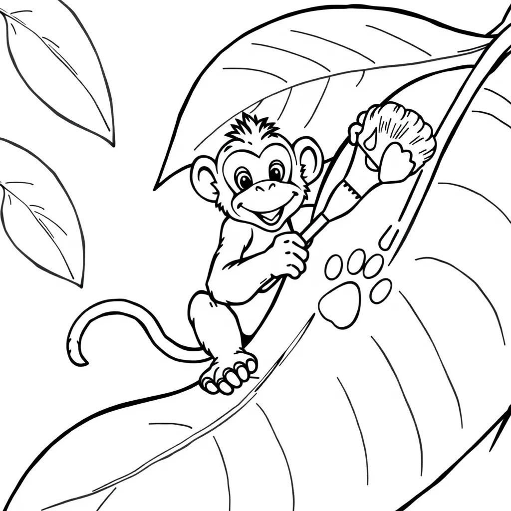 Monkey Painting on a Big Leaf