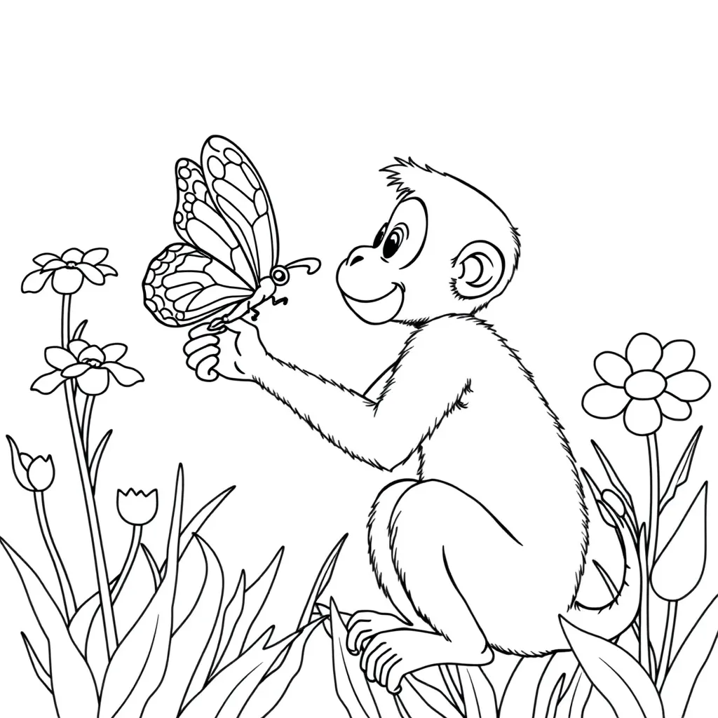 Monkey Playing with a Butterfly in a Garden