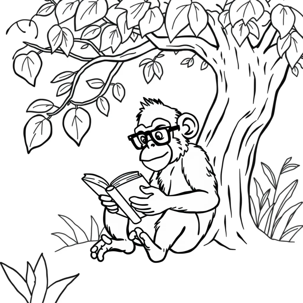 Monkey Reading a Book Under a Tree