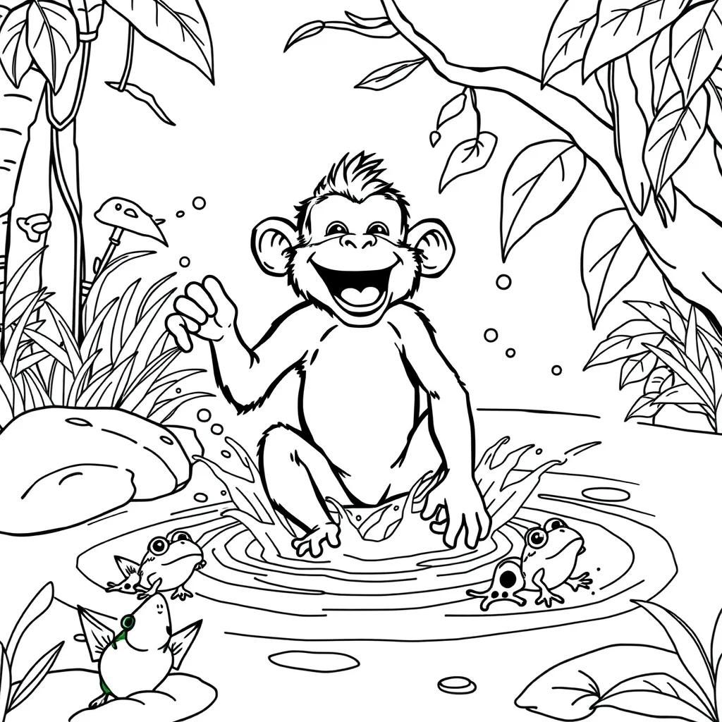 Monkey Splashing in a Jungle Pond