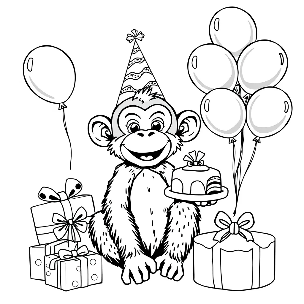 Monkey Wearing a Birthday Hat with Balloons