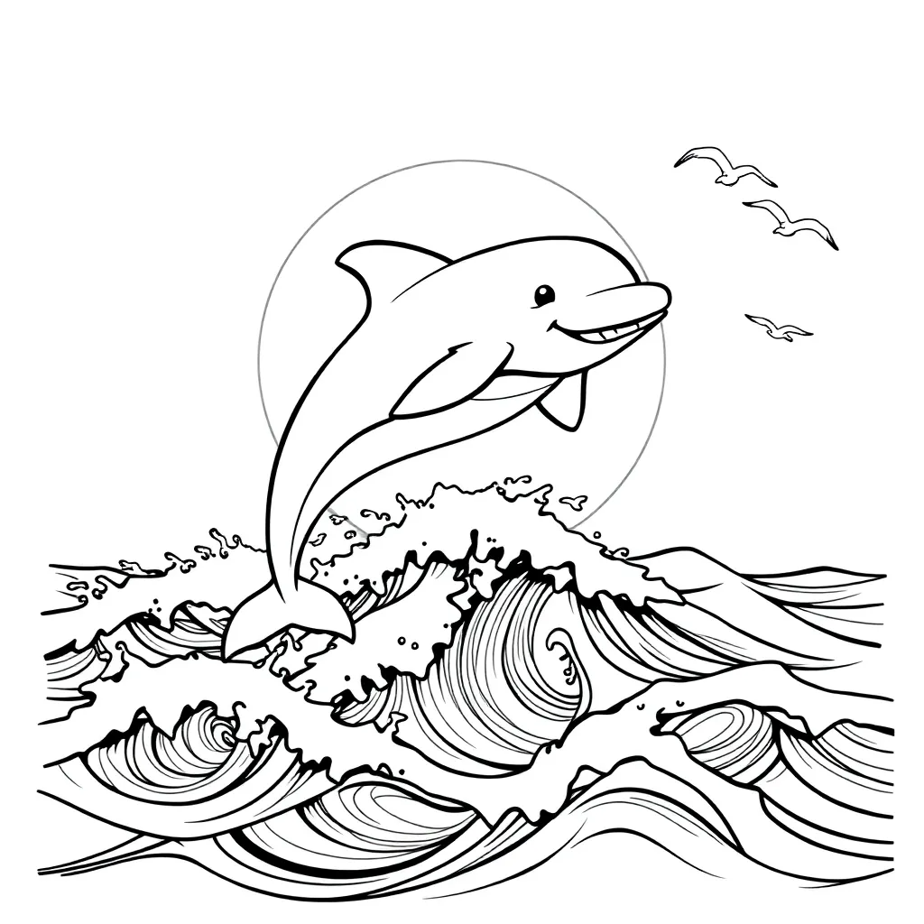 Smiling Dolphin Jumping Over Waves