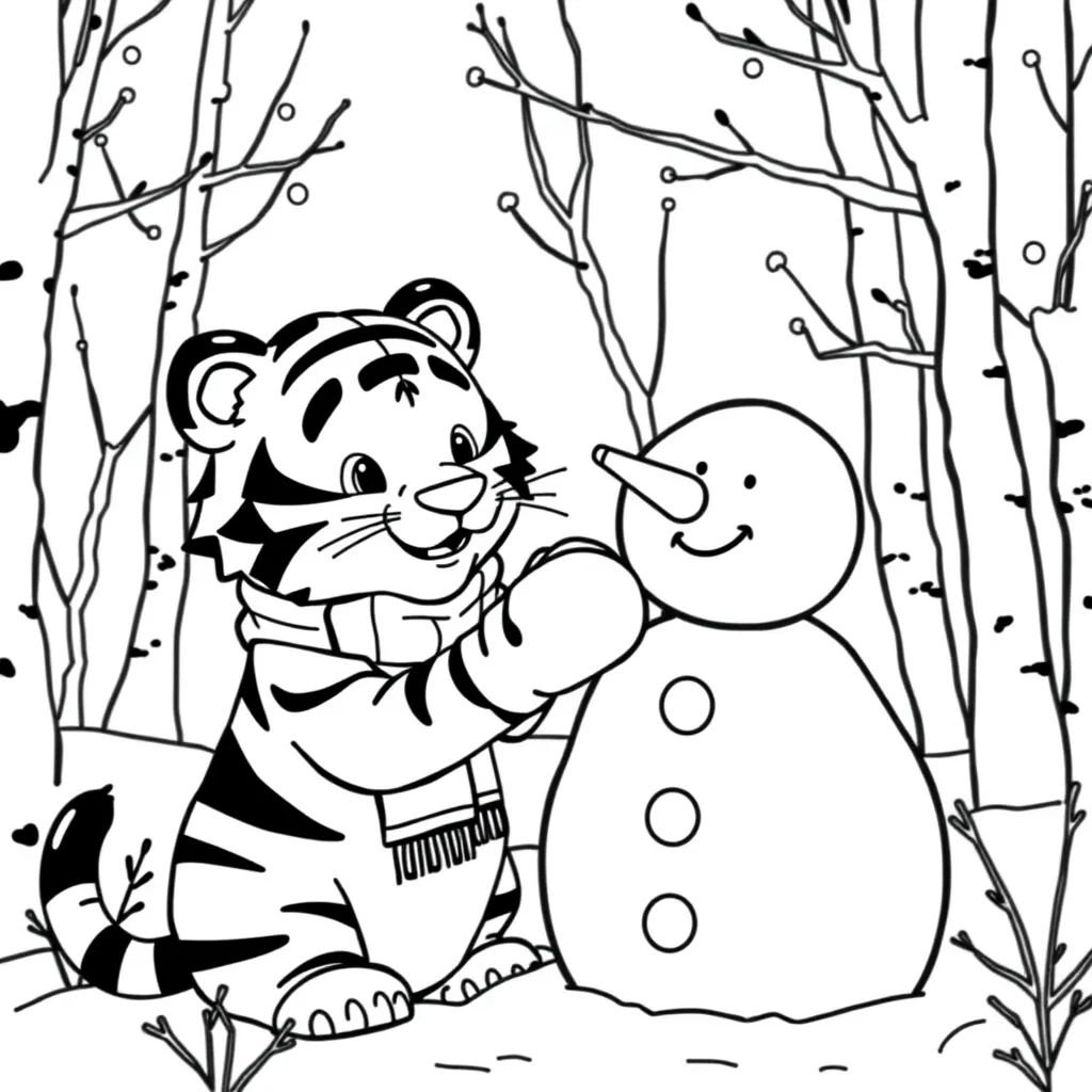 Tiger Building a Snowman in Winter Woods