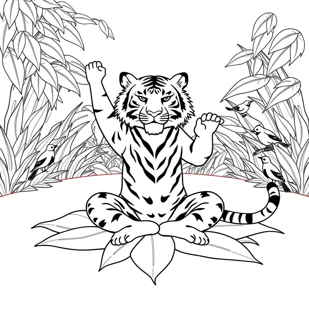 Tiger Doing Yoga on a Leafy Mat