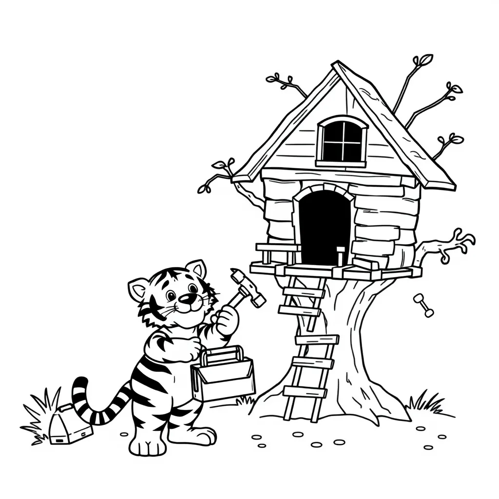 Tiger Helping Build a Treehouse with a Toolbox