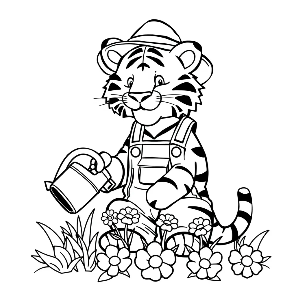 Tiger Planting Flowers in a Garden