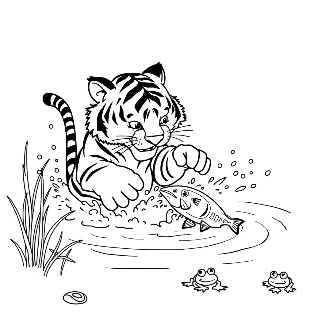 Tiger Splashing in a River with a Fish