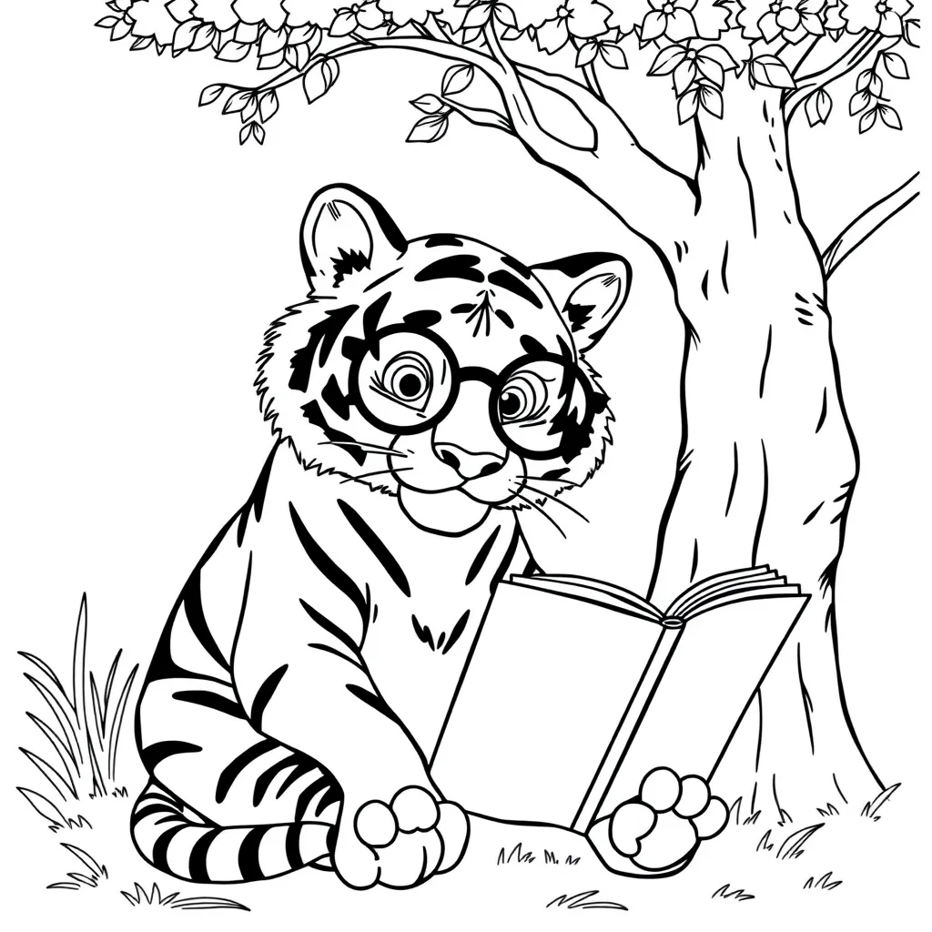 Tiger Wearing Glasses and Reading a Book