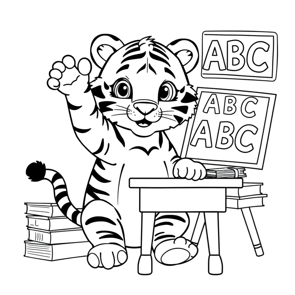 Tiger at a School Desk Learning ABCs