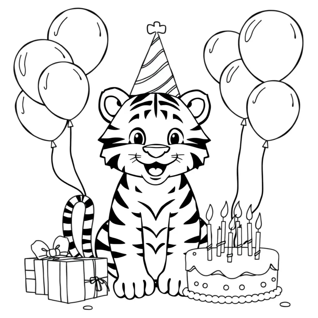 Tiger in a Birthday Party Hat with Balloons