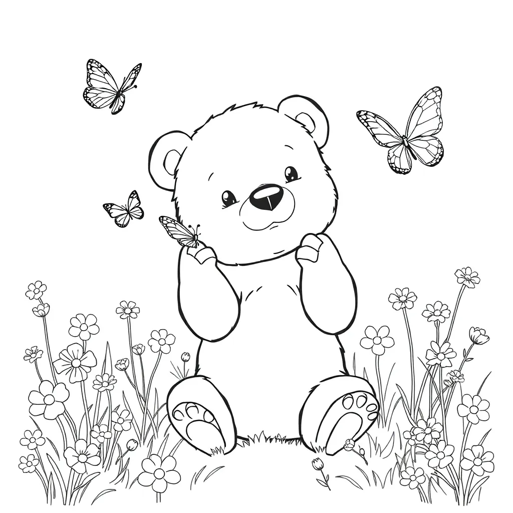 Baby Bear Playing with Butterflies in a Meadow