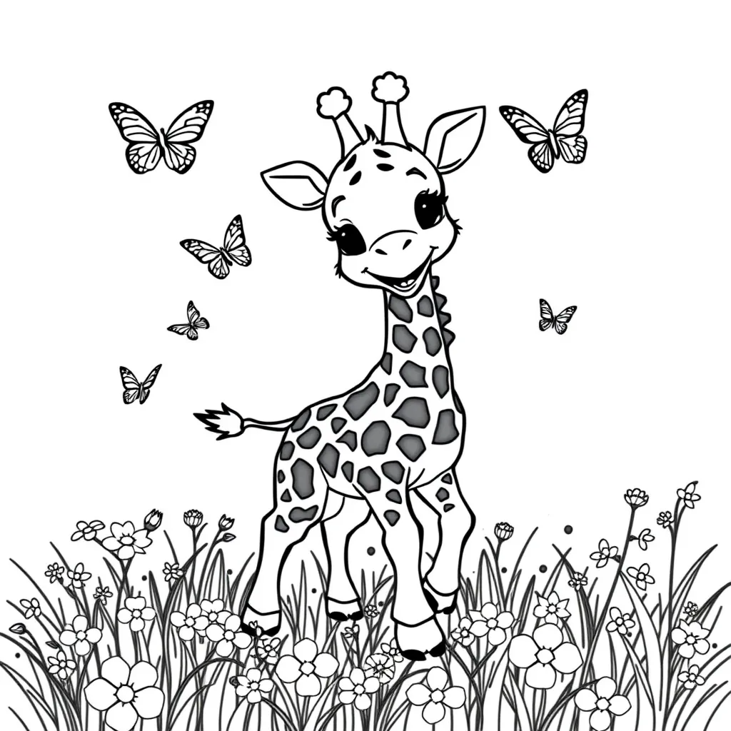 Baby Giraffe Playing with Butterflies in a Meadow