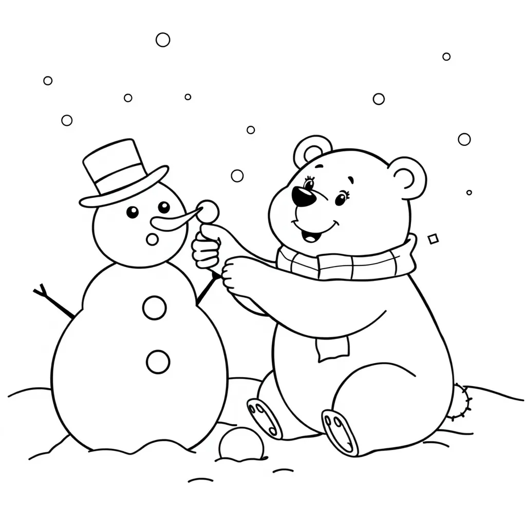 Bear Building a Snowman in Winter