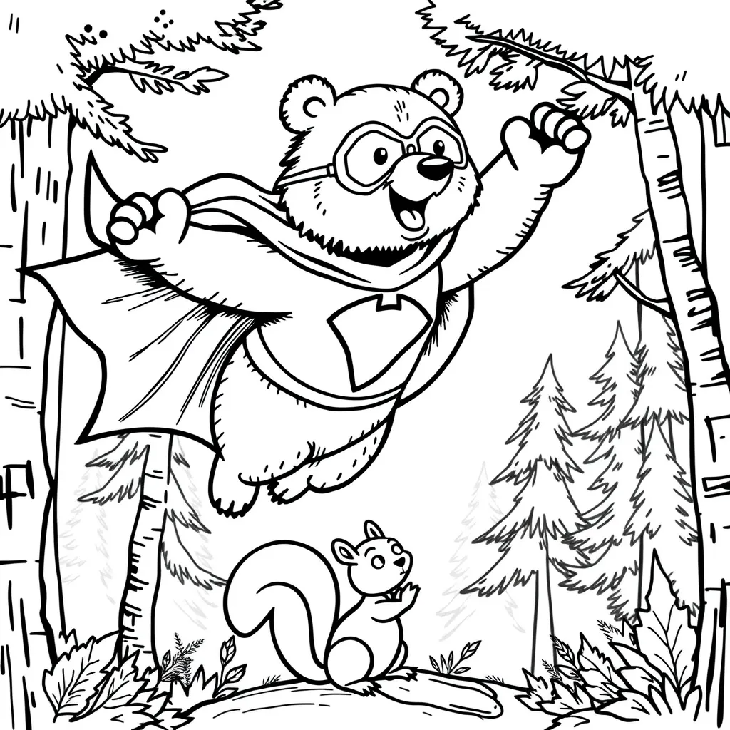 Bear Dressed as a Superhero Saving Forest Friends