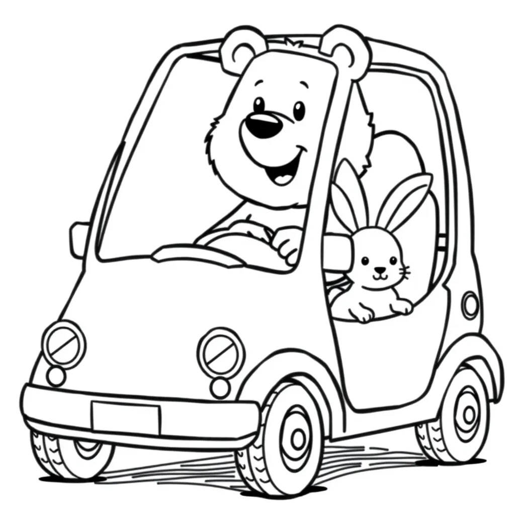 Bear Driving a Tiny Car with Friends in the Back