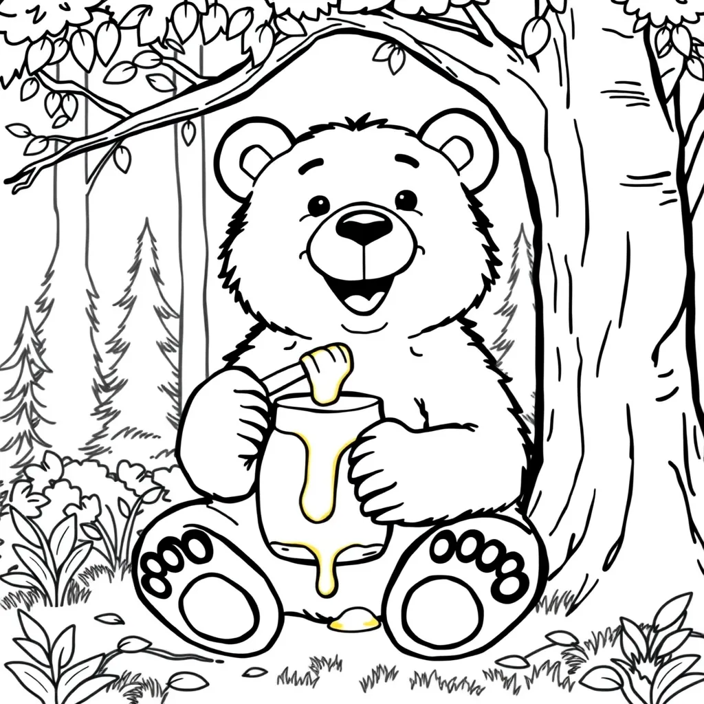 Bear Eating Honey from a Jar in the Forest