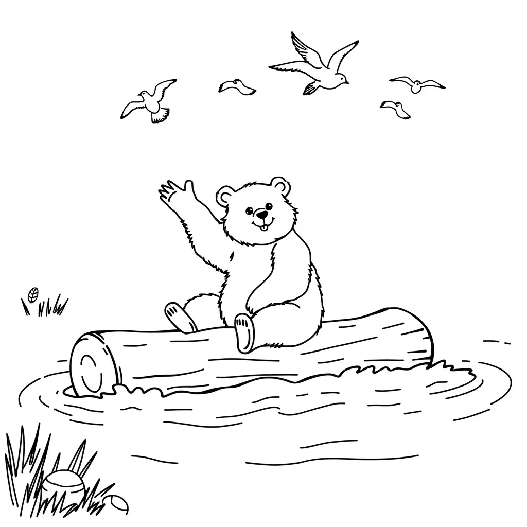 Bear Floating Down a River on a Log