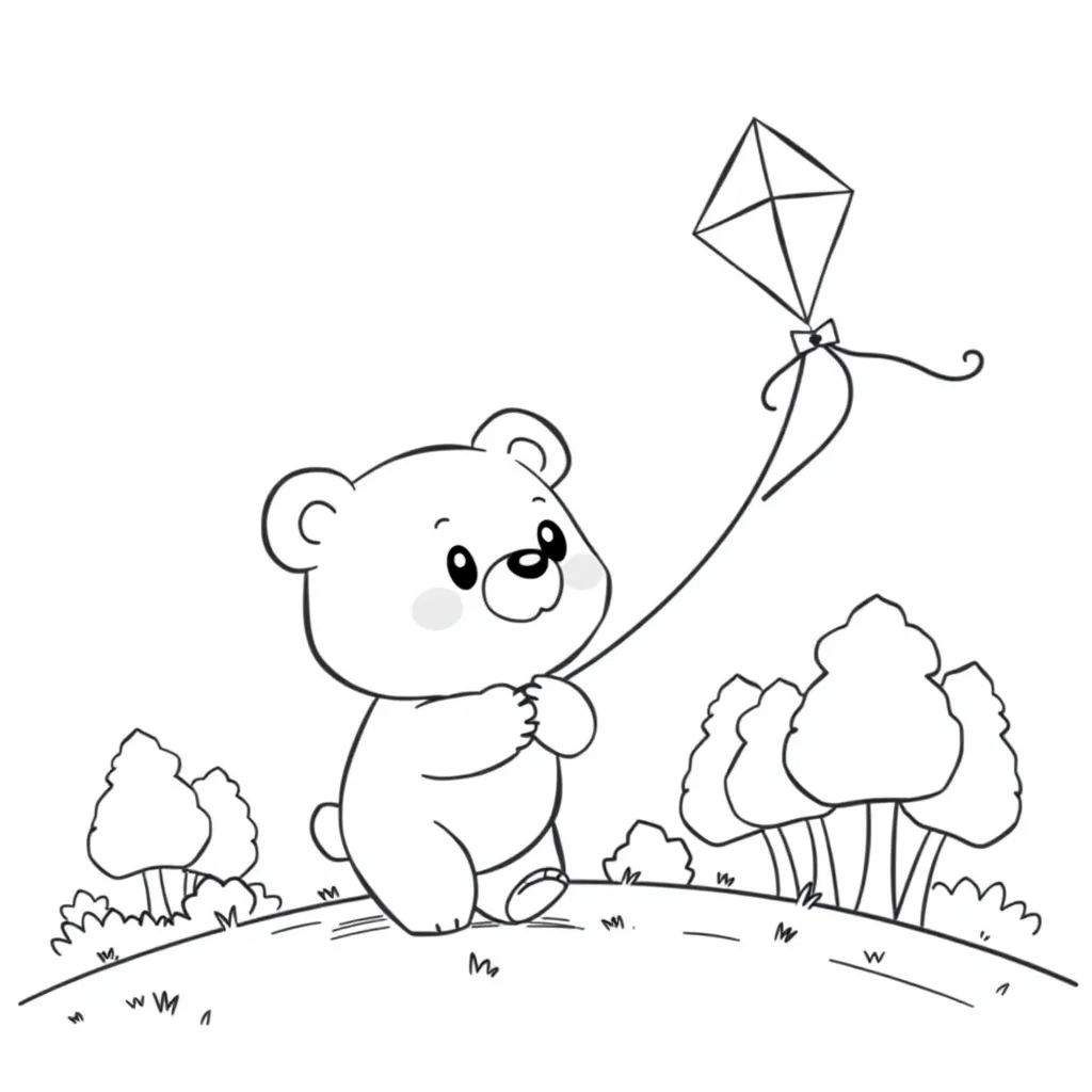 Bear Flying a Kite on a Breezy Hill