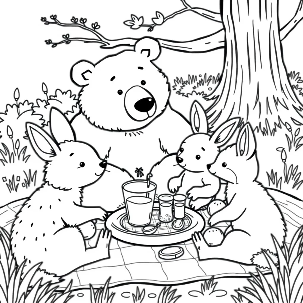 Bear Having a Picnic with Rabbit and Fox Friends