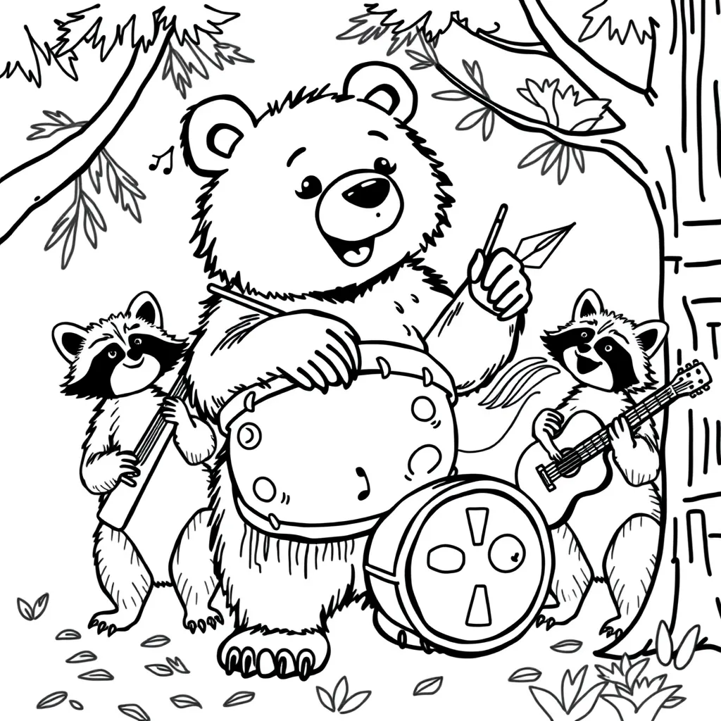 Bear Playing the Drums in a Forest Animal Band