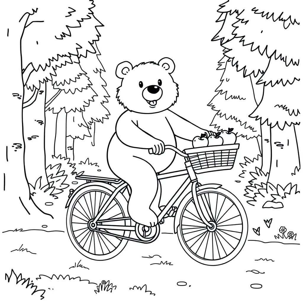 Bear Riding a Bicycle with a Basket of Apples